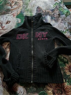 DKNY Black Zip Front Sweater with Pink Logo
